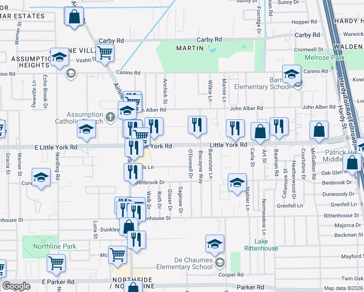 map of restaurants, bars, coffee shops, grocery stores, and more near 246 Little York Road in Houston