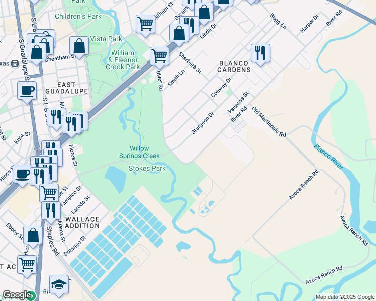 map of restaurants, bars, coffee shops, grocery stores, and more near 705 River Road in San Marcos