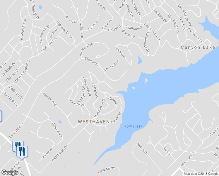 map of restaurants, bars, coffee shops, grocery stores, and more near 110 Canyon Drive in Canyon Lake