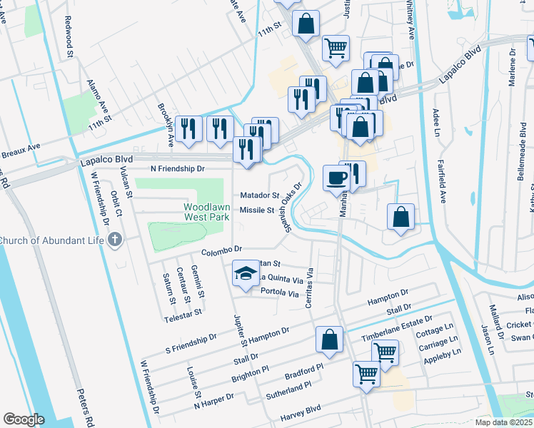 map of restaurants, bars, coffee shops, grocery stores, and more near 2060 Spanish Oaks Drive in Harvey