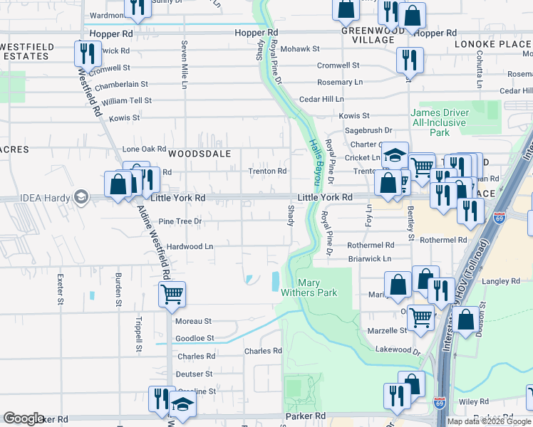 map of restaurants, bars, coffee shops, grocery stores, and more near 2626 Pine Tree Drive in Houston