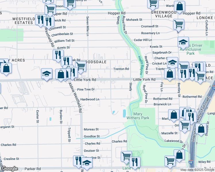 map of restaurants, bars, coffee shops, grocery stores, and more near 2538 Pine Tree Drive in Houston