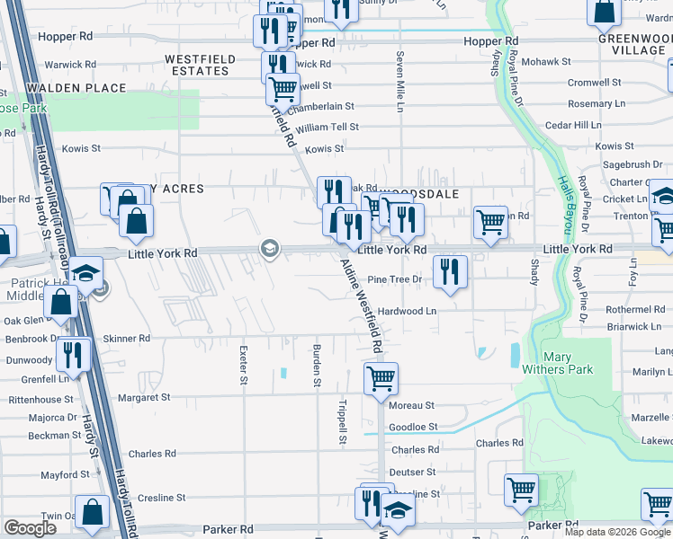 map of restaurants, bars, coffee shops, grocery stores, and more near 10645 Aldine Westfield Road in Houston