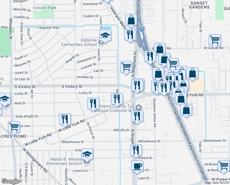 map of restaurants, bars, coffee shops, grocery stores, and more near 7551 Banjo Street in Houston