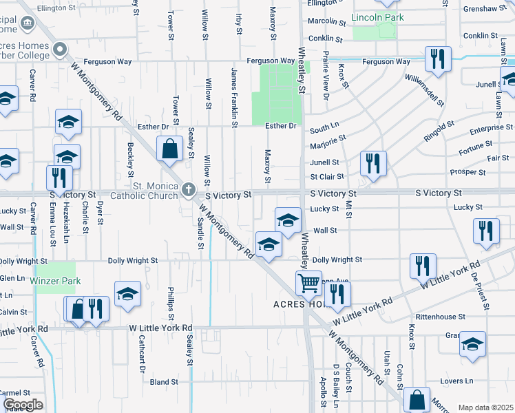 map of restaurants, bars, coffee shops, grocery stores, and more near 7509 Maxroy Street in Houston