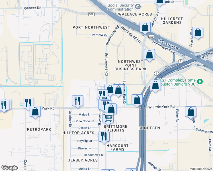 map of restaurants, bars, coffee shops, grocery stores, and more near 6923 Brittmoore Road in Houston
