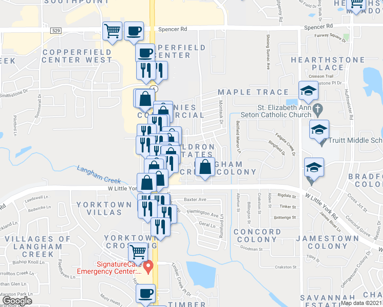 map of restaurants, bars, coffee shops, grocery stores, and more near 6427 Bosley Lane in Houston