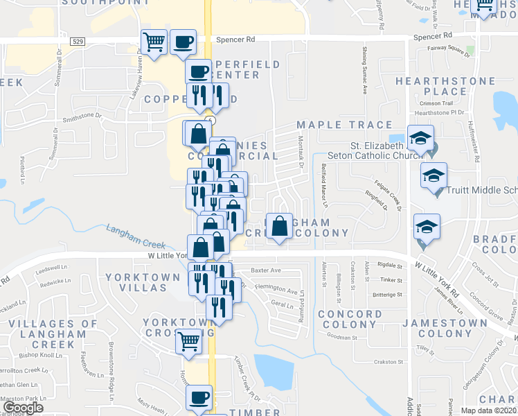map of restaurants, bars, coffee shops, grocery stores, and more near 6427 Bosley Lane in Houston