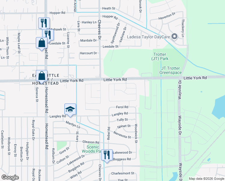 map of restaurants, bars, coffee shops, grocery stores, and more near 10707 Zachary Cove in Houston