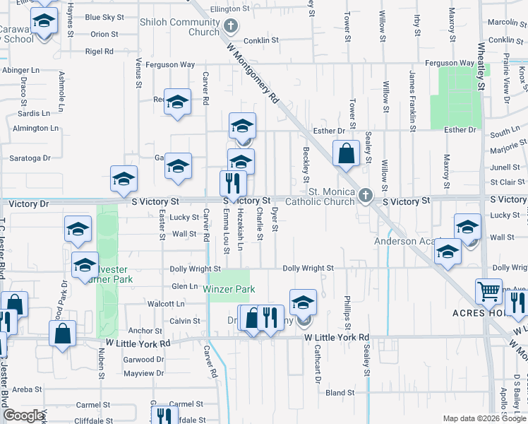 map of restaurants, bars, coffee shops, grocery stores, and more near 7507 Charlie Street in Houston