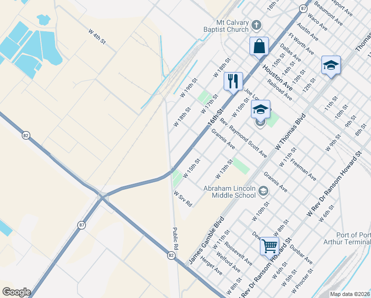 map of restaurants, bars, coffee shops, grocery stores, and more near 942 W Gulfway Dr in Port Arthur