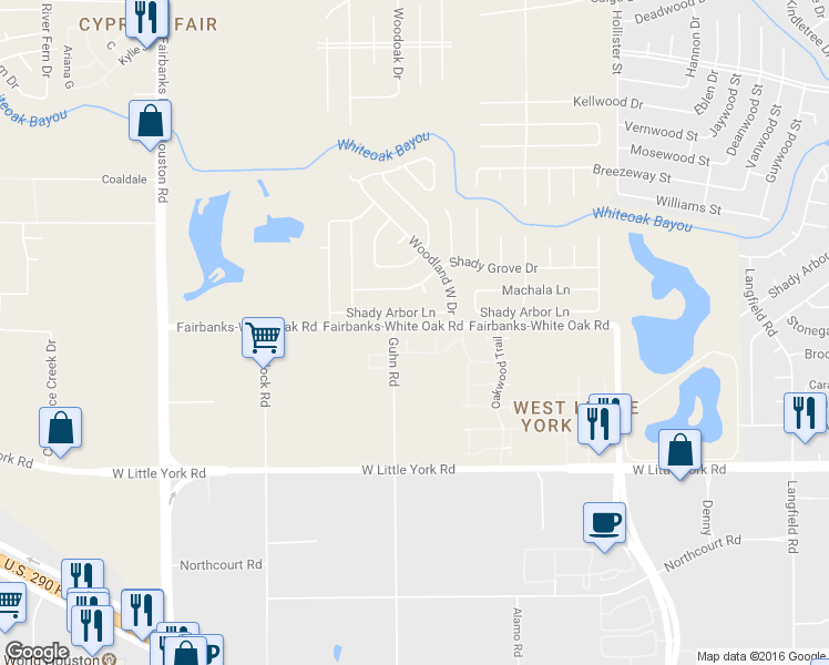 map of restaurants, bars, coffee shops, grocery stores, and more near 6988 Oakwood Park in Houston