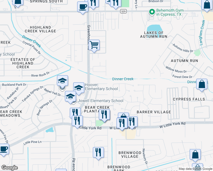 map of restaurants, bars, coffee shops, grocery stores, and more near 19111 Winding Trail Lane in Katy