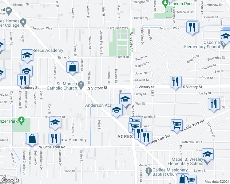 map of restaurants, bars, coffee shops, grocery stores, and more near 7515 Burt Street in Houston