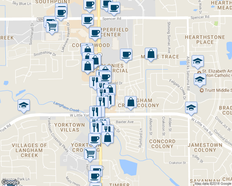 map of restaurants, bars, coffee shops, grocery stores, and more near 6423 Waldron Drive in Houston