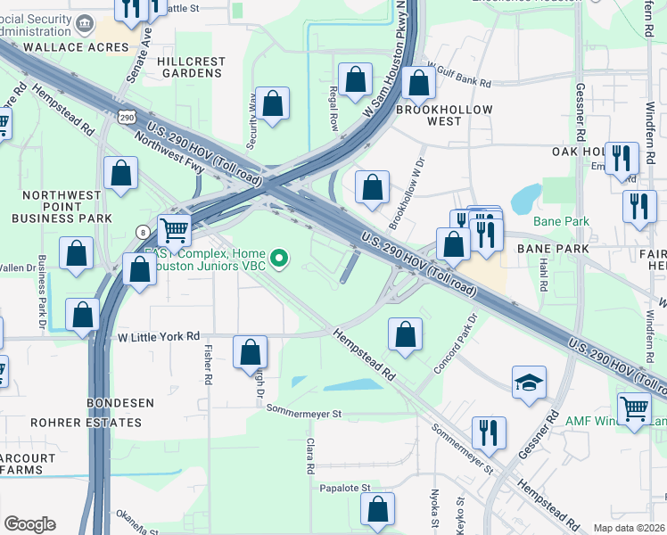 map of restaurants, bars, coffee shops, grocery stores, and more near 15301 Northwest Freeway in Houston