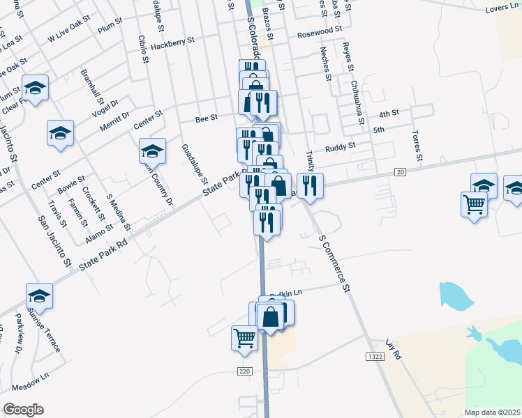 map of restaurants, bars, coffee shops, grocery stores, and more near 1209 South Main Street in Lockhart