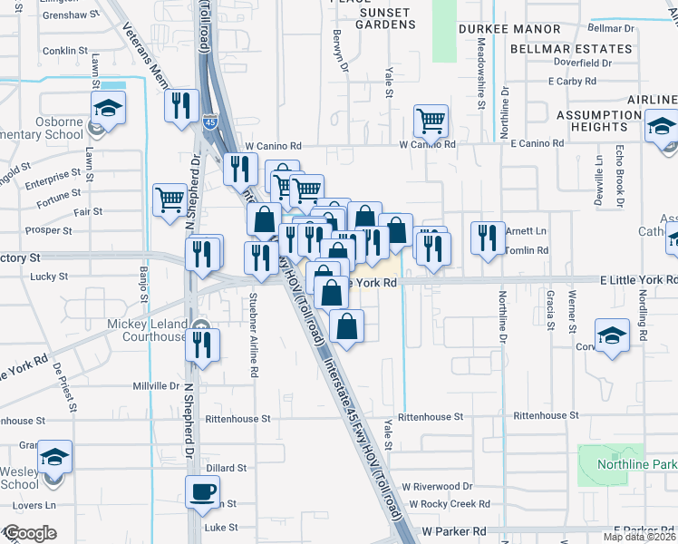 map of restaurants, bars, coffee shops, grocery stores, and more near 419 West Little York Road in Houston