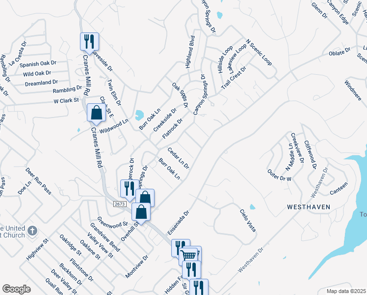 map of restaurants, bars, coffee shops, grocery stores, and more near 100 Post Oak Lane in Canyon Lake