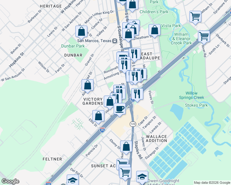 map of restaurants, bars, coffee shops, grocery stores, and more near 211 Knox Street in San Marcos