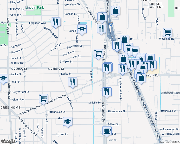 map of restaurants, bars, coffee shops, grocery stores, and more near 612 South Victory Drive in Houston