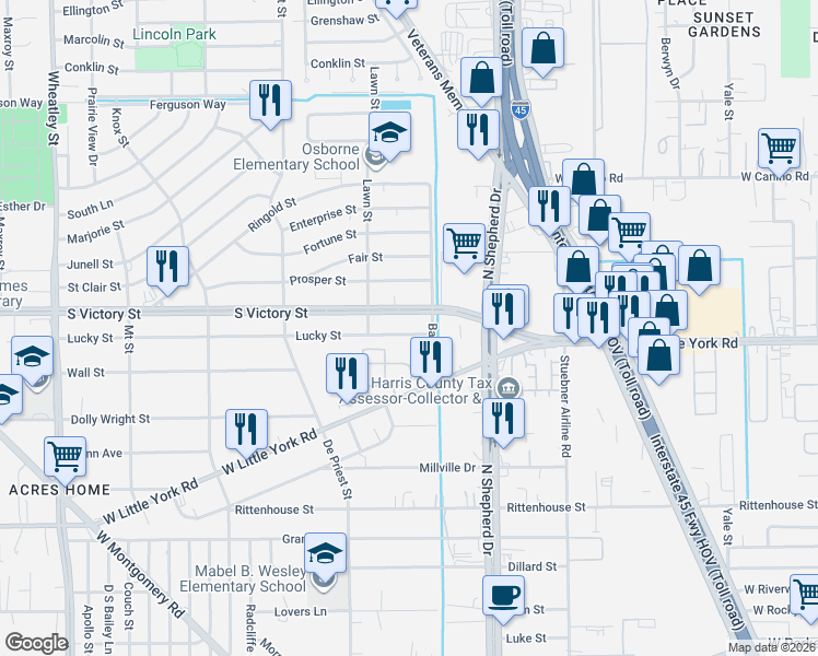 map of restaurants, bars, coffee shops, grocery stores, and more near 778 North Victory Drive in Houston