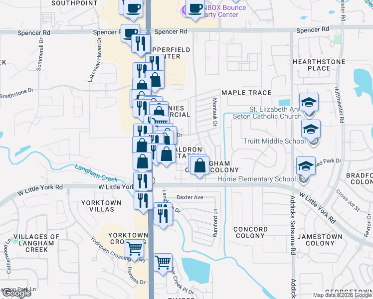 map of restaurants, bars, coffee shops, grocery stores, and more near 6523 Bosley Lane in Houston