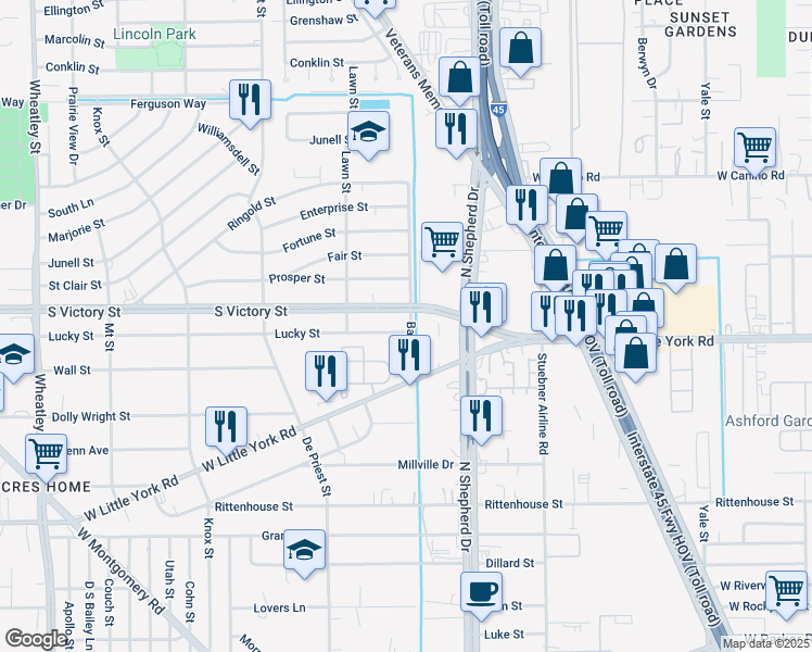 map of restaurants, bars, coffee shops, grocery stores, and more near 612 South Victory Drive in Houston