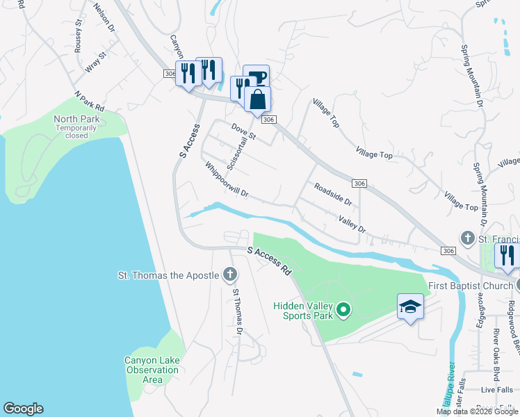 map of restaurants, bars, coffee shops, grocery stores, and more near 924 Whippoorwill Drive in Canyon Lake