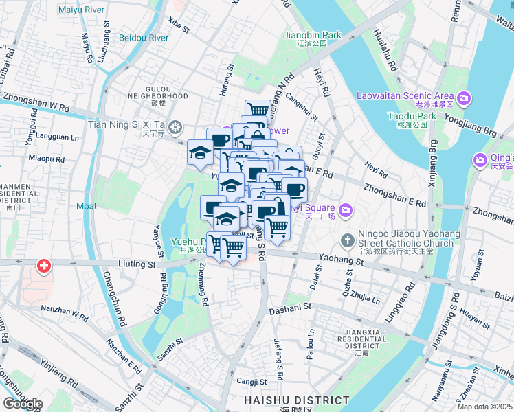 map of restaurants, bars, coffee shops, grocery stores, and more near in Ningbo Shi