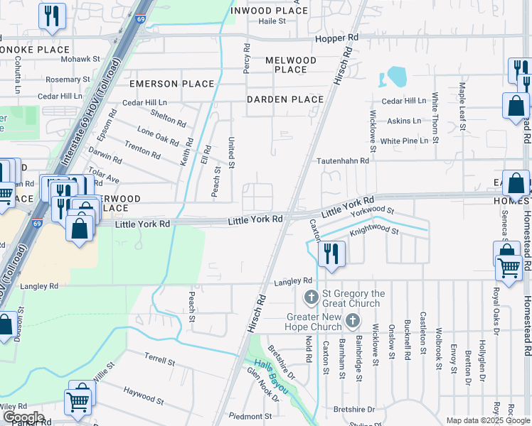 map of restaurants, bars, coffee shops, grocery stores, and more near 5005 Little York Road in Houston