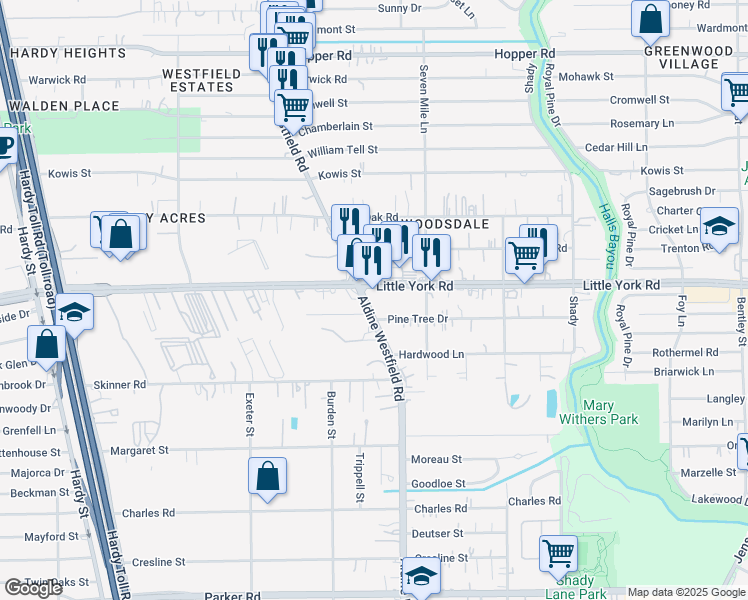 map of restaurants, bars, coffee shops, grocery stores, and more near 2311 Little York Road in Houston
