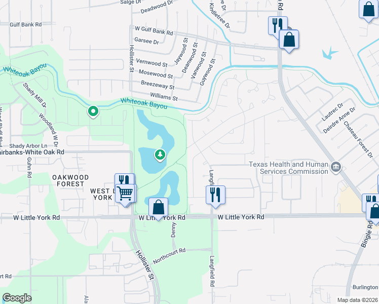 map of restaurants, bars, coffee shops, grocery stores, and more near 8903 Langfield Road in Houston