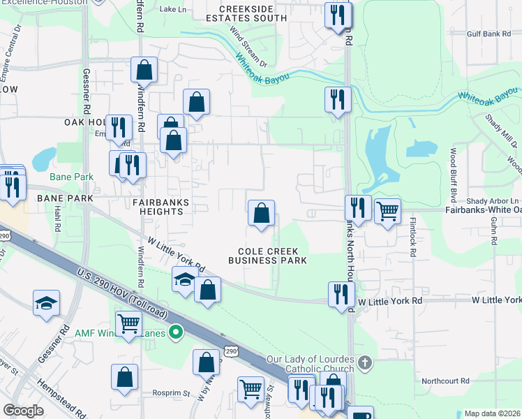 map of restaurants, bars, coffee shops, grocery stores, and more near 6926 Careywood Drive in Houston