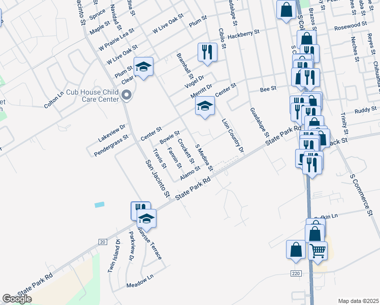map of restaurants, bars, coffee shops, grocery stores, and more near 909 South Medina Street in Lockhart