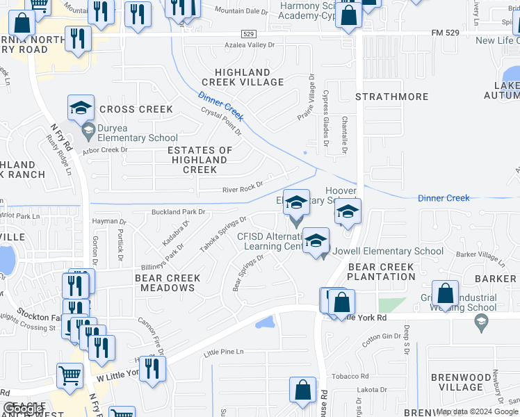 map of restaurants, bars, coffee shops, grocery stores, and more near 19422 Tahoka Springs Drive in Katy