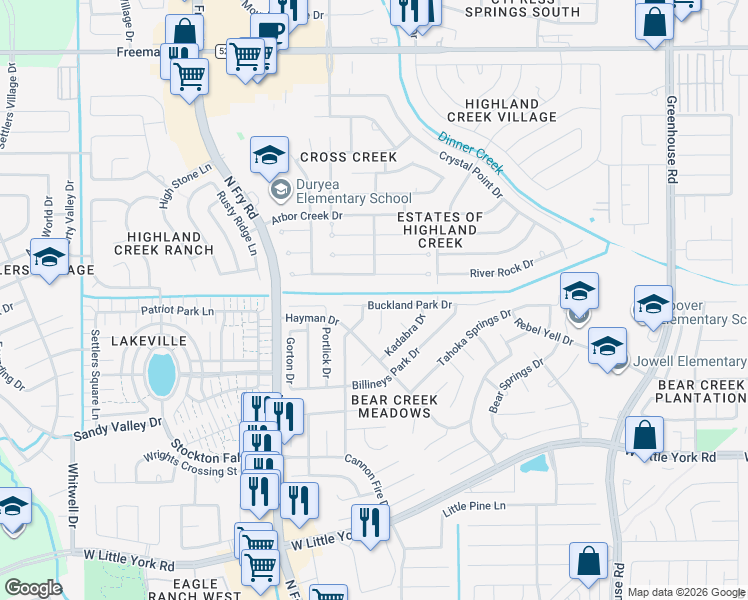 map of restaurants, bars, coffee shops, grocery stores, and more near 19706 Buckland Park Drive in Katy