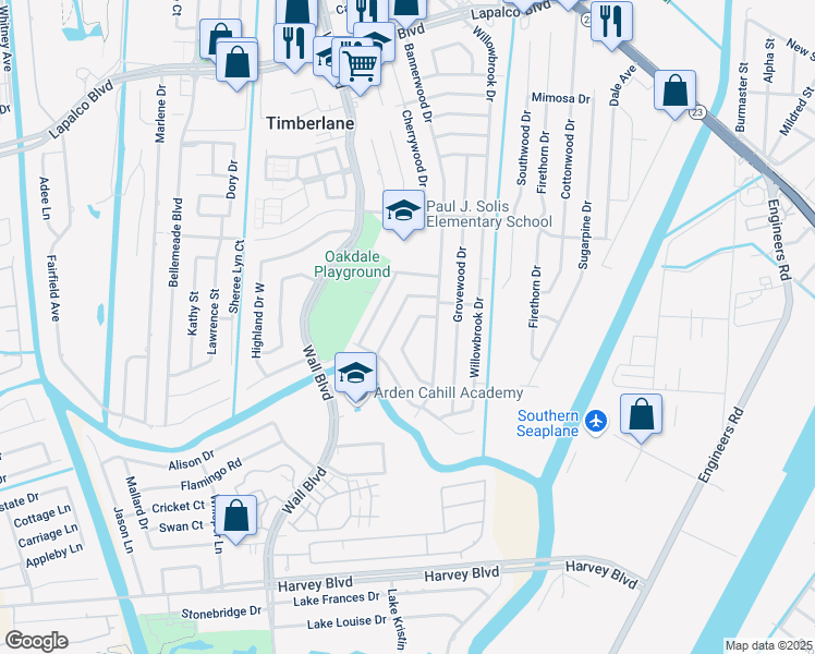 map of restaurants, bars, coffee shops, grocery stores, and more near 624 Taylorbrook Drive in Gretna