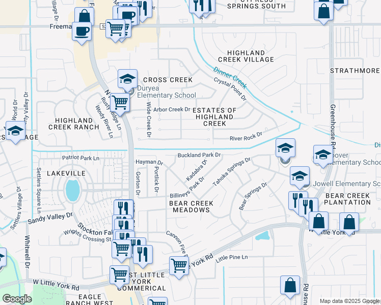 map of restaurants, bars, coffee shops, grocery stores, and more near 19630 Buckland Park Drive in Katy