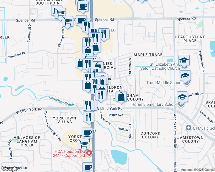 map of restaurants, bars, coffee shops, grocery stores, and more near 6447 Waldron Drive in Houston