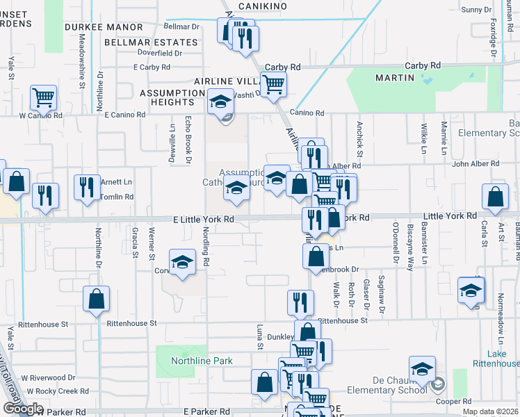 map of restaurants, bars, coffee shops, grocery stores, and more near 7508 Van Ness Street in Houston