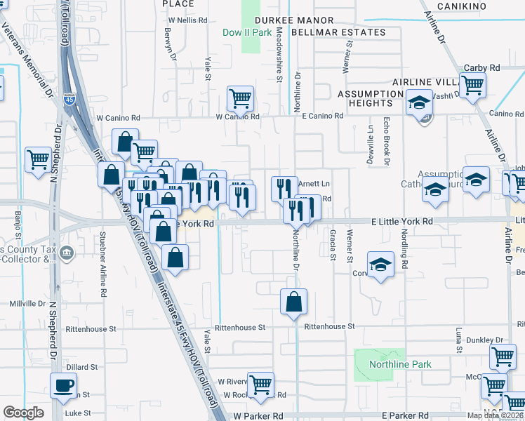 map of restaurants, bars, coffee shops, grocery stores, and more near 7521 Meadowview Drive in Houston
