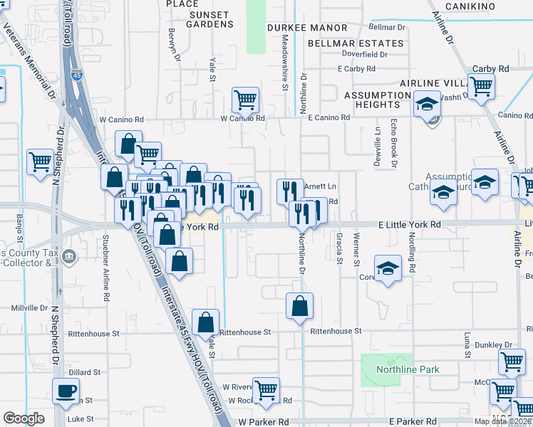 map of restaurants, bars, coffee shops, grocery stores, and more near 7521 Meadowview Drive in Houston
