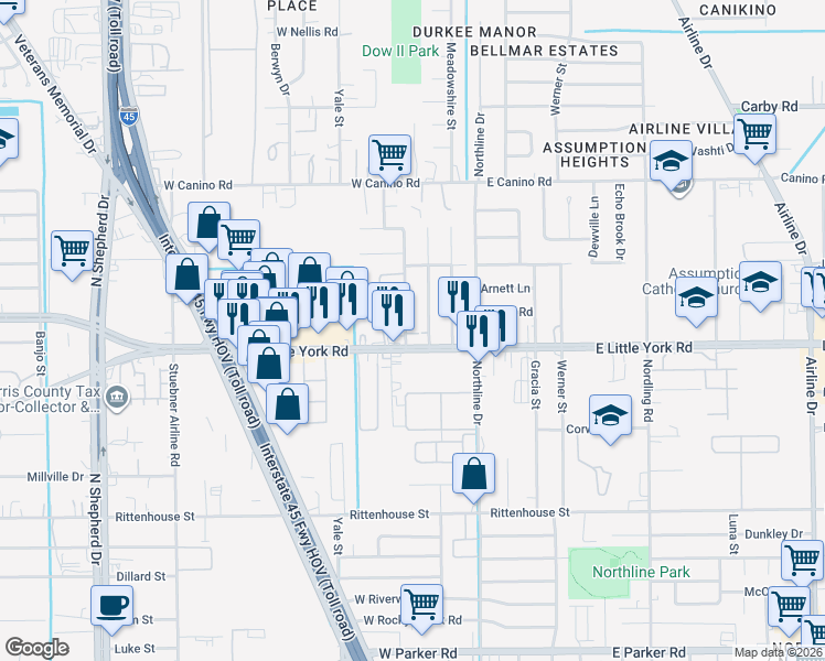 map of restaurants, bars, coffee shops, grocery stores, and more near 7521 Meadowview Drive in Houston