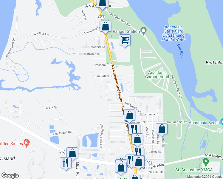 map of restaurants, bars, coffee shops, grocery stores, and more near 1555 A1A South in St. Augustine