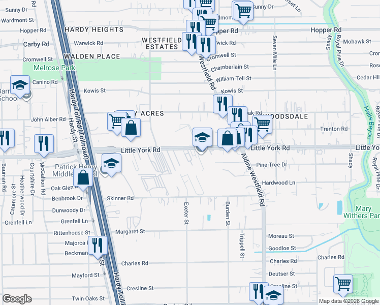 map of restaurants, bars, coffee shops, grocery stores, and more near 1901 Little York Road in Houston