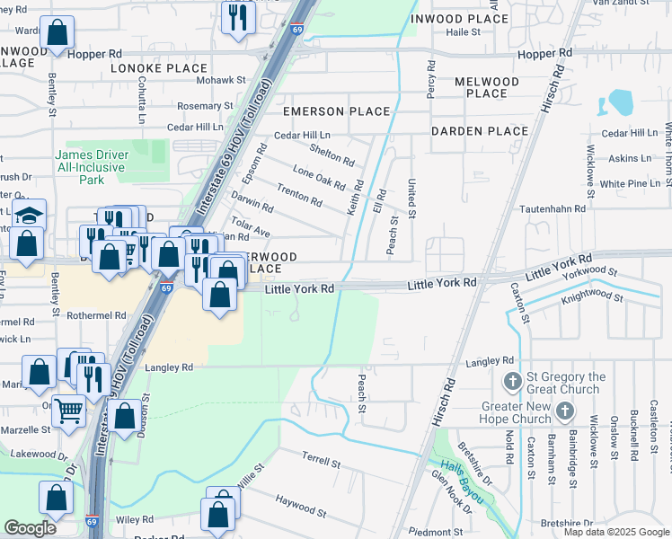 map of restaurants, bars, coffee shops, grocery stores, and more near 4422 Littlecrest Road in Houston