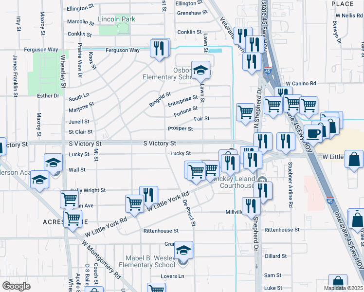 map of restaurants, bars, coffee shops, grocery stores, and more near 843 South Victory Street in Houston