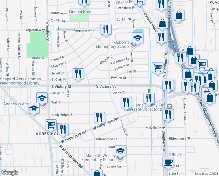 map of restaurants, bars, coffee shops, grocery stores, and more near 870 North Victory Drive in Houston