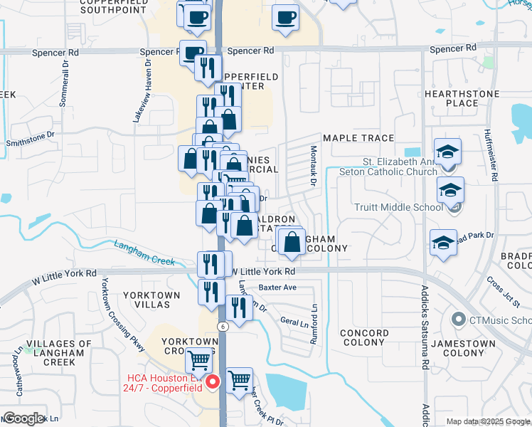 map of restaurants, bars, coffee shops, grocery stores, and more near 6447 Waldron Drive in Houston